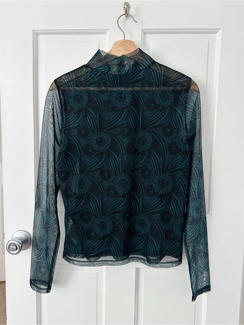 Anthropologie Gauzy Turtleneck Sheer Mesh Teal Green Black Floral Size M